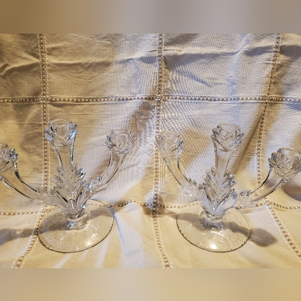 CRYSTAL CANDLEHOLDERS PAIR DUNCAN MILLER #14 GRANDEE TRIPLE LIGHT CANDELABRA